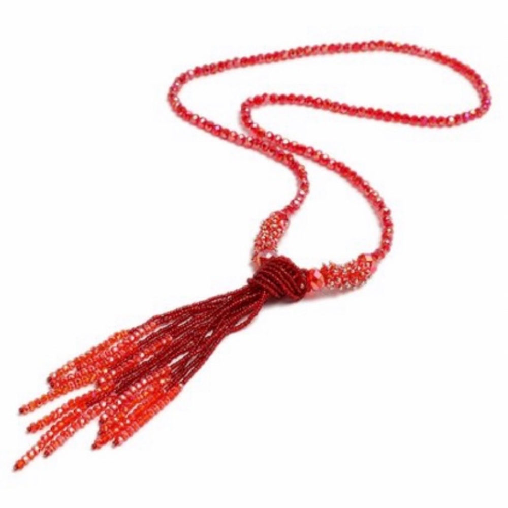 NEW• Sugared+Bronzed Glam Authentic Ruby & Jasper Crystal Beaded Tassel Necklace